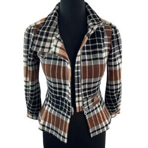 Y2K L.A.M.B 2007 Stefani Jacket Wool Plaid Collar Long Sleeve Ruffle Hem Size 0